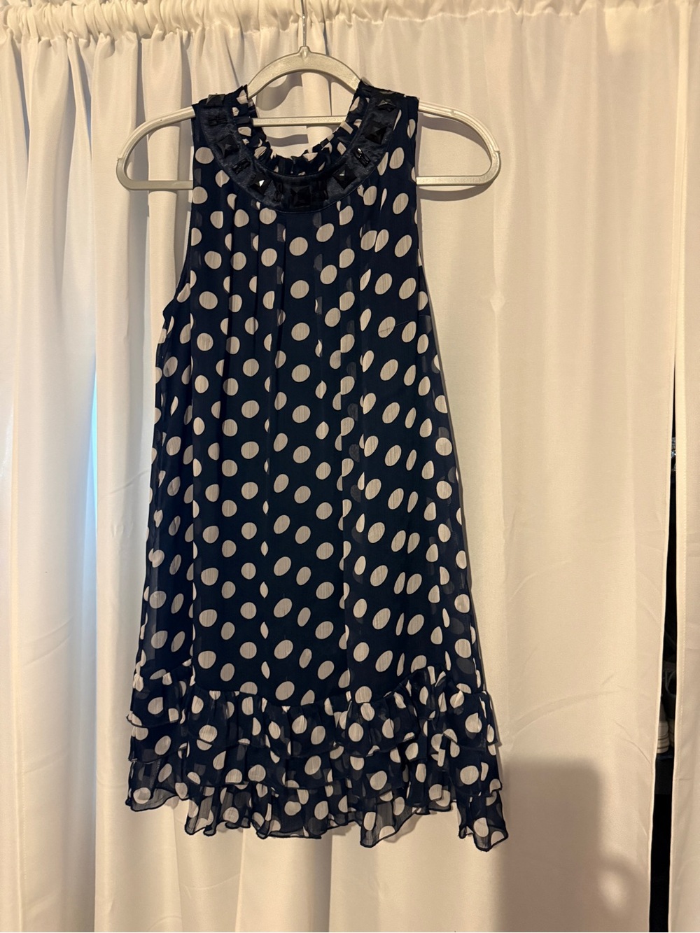 Sleeveless Navy Polka Dot Ruffle-Hem Midi Dress